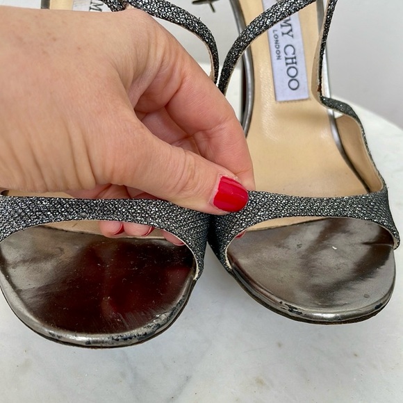 JIMMY CHOO DARK GREY GLITTER LEATHER LANCE HEELS, 37.5 - Picture 4 of 6